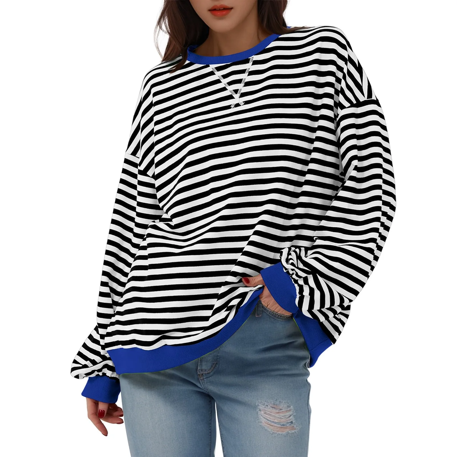 

Women'S Oversized Striped Color Blocking Long Sleeved Round Neck Sports Shirt Casual Loose Fitting Pullover Shirt Top 블라우스