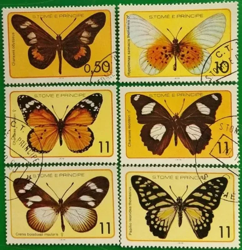 6 шт., штамп почтового отделения в Сан-Томе, 1979, печати с бабочками, настоящий оригинал, используется с почтовой маркой
6 шт., штамп почтового отделения в Сан-Томе, 1979, печати с бабочками, настоящий оригинал, используется с почтовой маркой