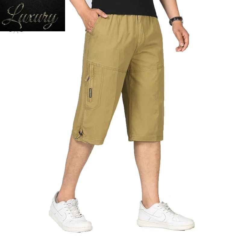 

Summer Men's Baggy Multi Pocket Military Zipper Cargo Short Hot Breeches Long Army Green Khaki Bermuda Male Capris Plus Big Size