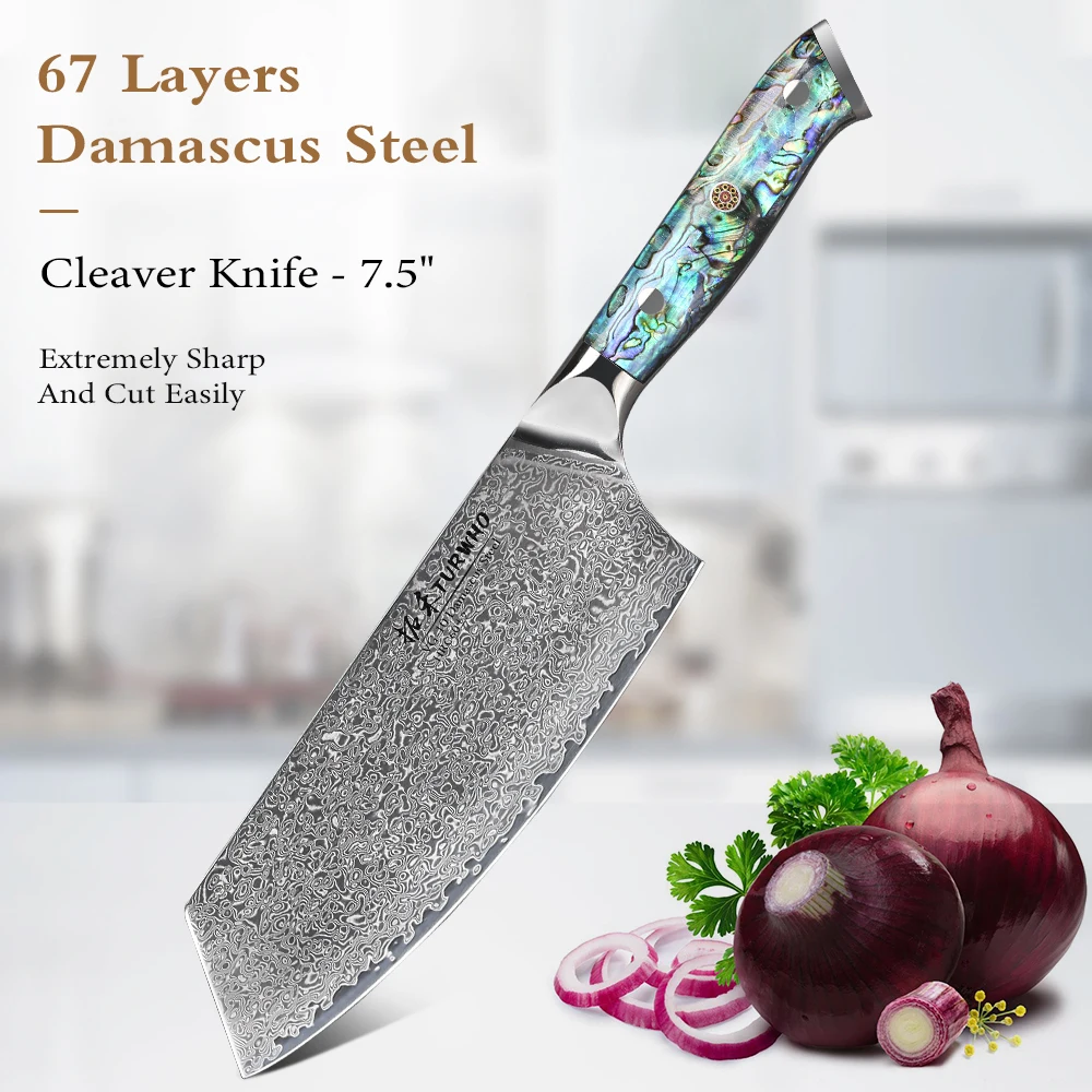 

TURWHO 7.5 Inch Cleaver Knife 67 Layers Damascus Steel VG10 Chef Knife Slicing Cooking Tools Abalone Shell Handle Kitchen Knives