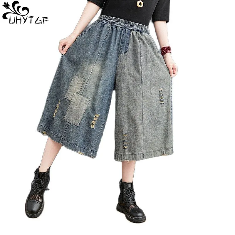 

UHYTGF Jeans Women Summer New Large Size Loose Elastic Waist Vintage Hole Fashion Casual Wide Leg Seven-Point Ladies Jeans 311