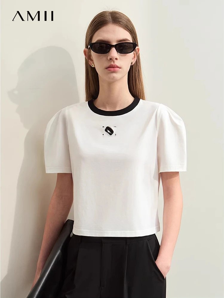 Amii Minimalism Women T-Shirts 2024 Summer New Spliced O-Neck Embroidery Short Cotton Leg of Mutton Sleeve Tops Female 12422066 
Amii Minimalism Women T-Shirts 2024 Summer New Spliced O-Neck Embroidery Short Cotton Leg of Mutton Sleeve Tops Female 12422066