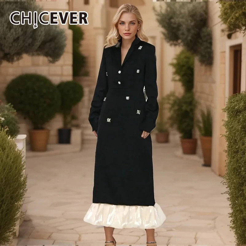 

CHICEVER Patchwork Diamonds Dresses For Women Lapel Long Sleeve Single Breasted Hit Color High Waist Folds Fashion Dress Female