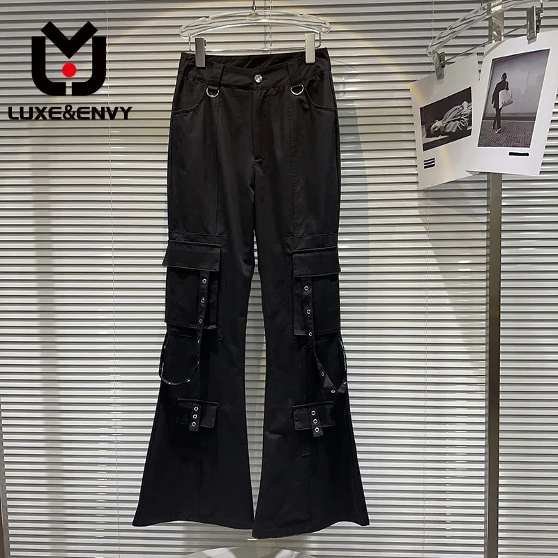 

LUXE&ENVY New Niche Style With Large Side Pockets Decorated With Dark Spicy Girls' Micro Flared Pants For 2023 Autumn