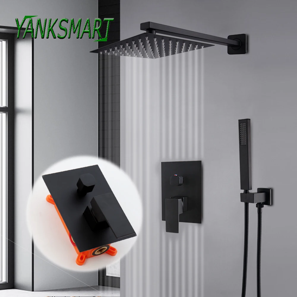 

YANKSMART Black Bathroom Shower Set Wall Mounted Concealed Shower Faucet System Rainfall Bathtub Mixer Tap with Hand Sprayer