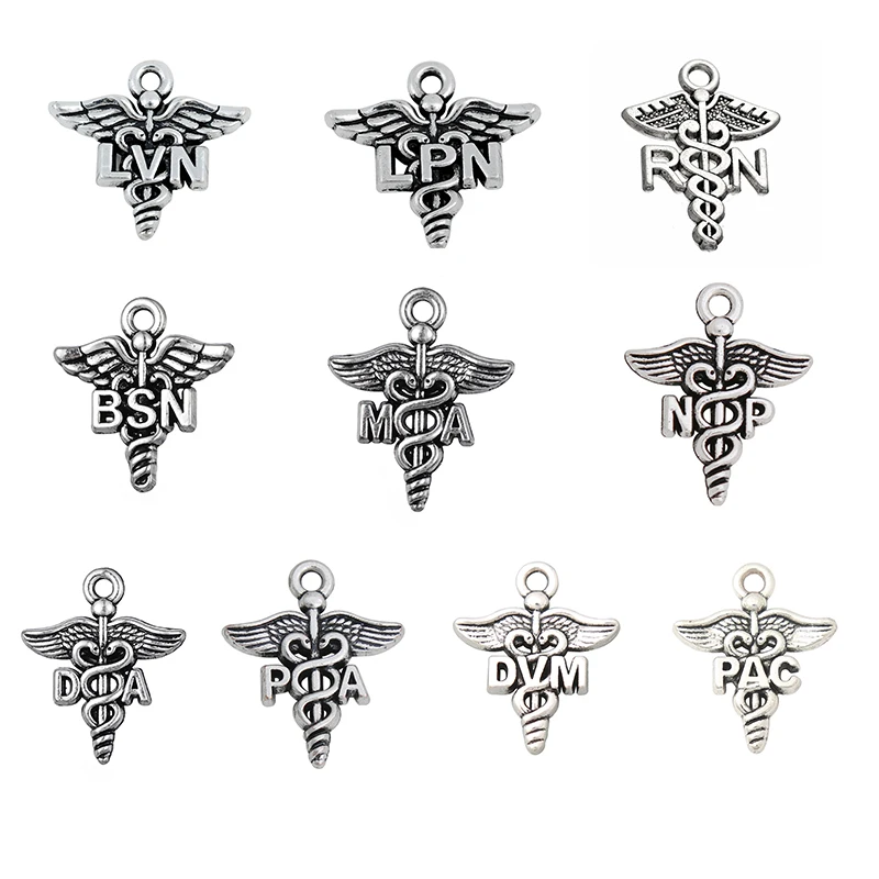 

10pcs Alloy Caduceus Medical Symbol Mixed Charms BSN DA DVM MA NP LPN LVN PA PAC RN Charms 19*23mm