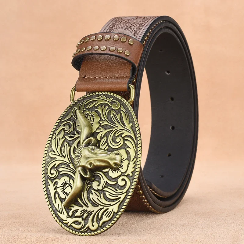 

New Personalized Retro Handsome Cow Head Buckle Men's Belt Rivet Embossed Fashion Trend PU Leather Belt Clothing Accessories