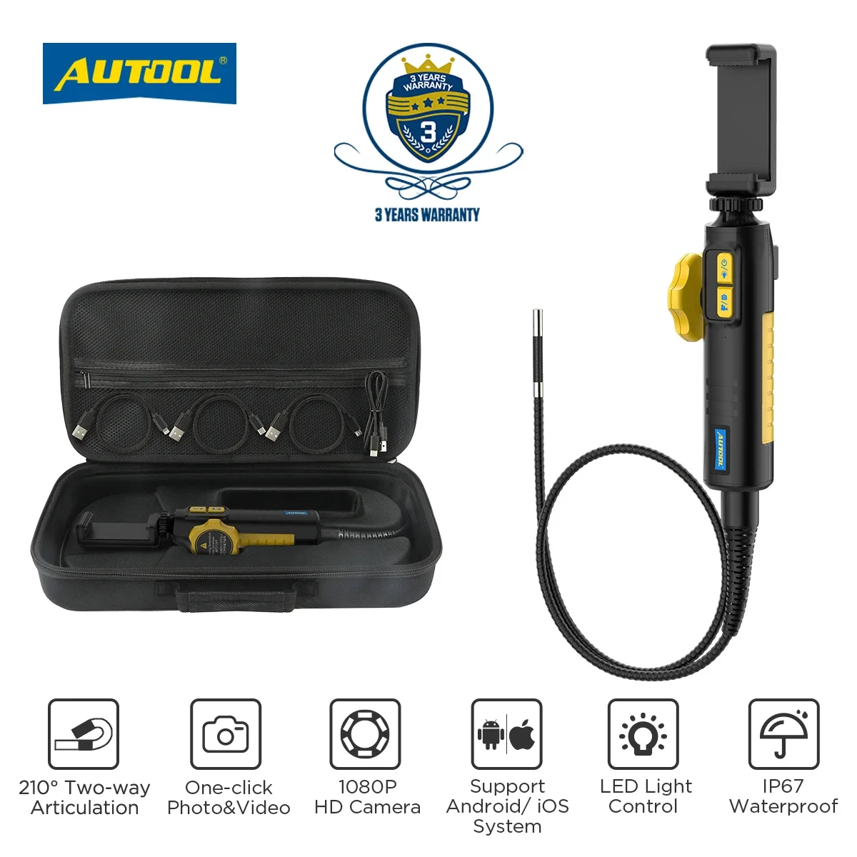 

AUTOOL SVB302 Automotive Industrial Endoscope 210° Steering Autofocus USB Endoscope Inspection Camera Lens Waterproof IP67