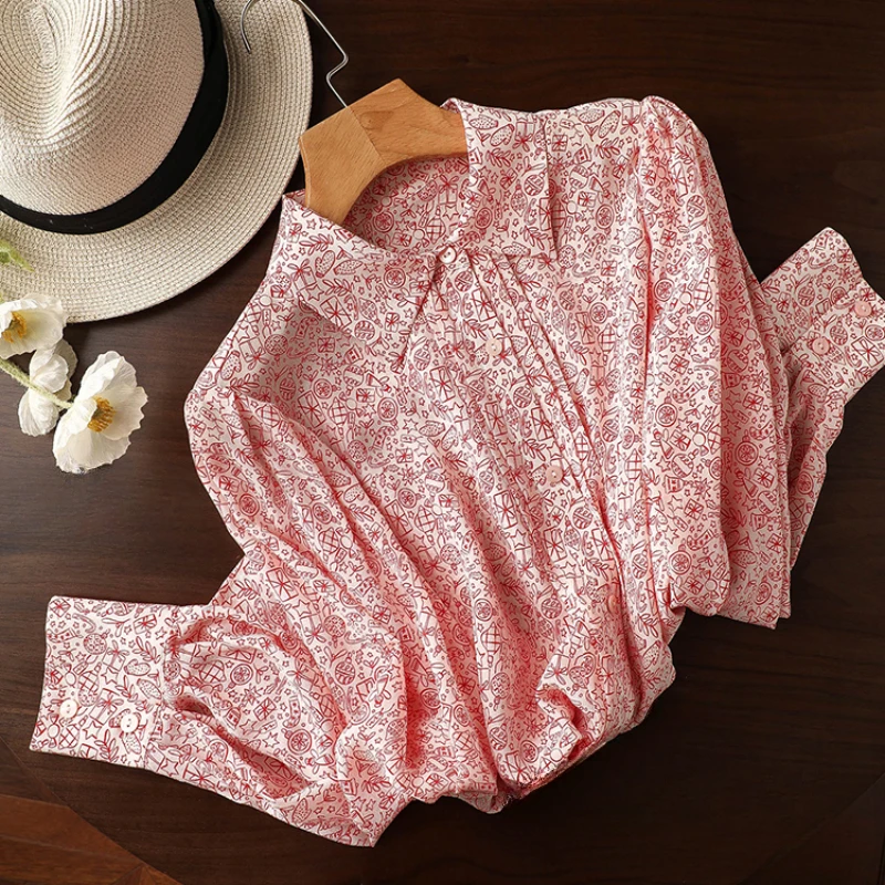 

Блузка Женская атласная с цветочным принтом, шелковая рубашка с длинным рукавом, свободного покроя, с воротником-поло, в винтажном стиле, весна-лето