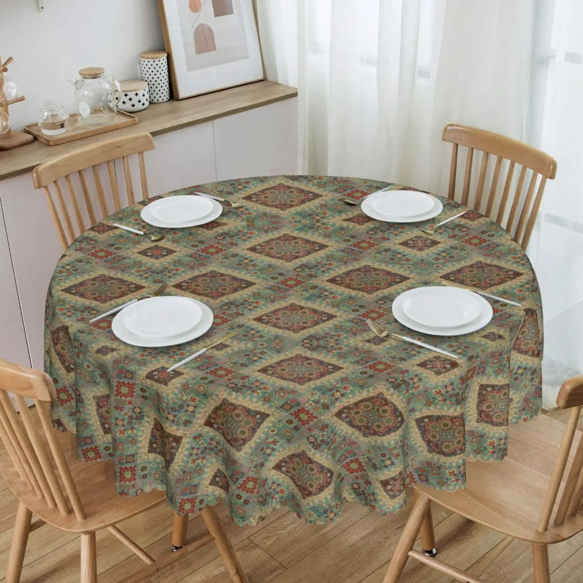 

Bohemia Antique Persian Carpet Tablecloth Round Waterproof Ethnic Tribal Rug Style Table Cover Cloth for Party 60 inch