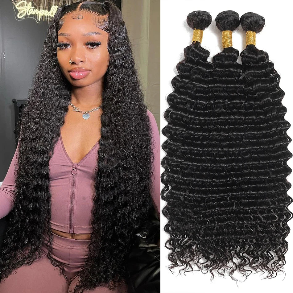 

32 Inch Deep Wave Human Hair Bundle Deal Brazilian Human Hair Weave Hair Extensions Afro Jerry Curly Raw Hair Weave 3 Bundles