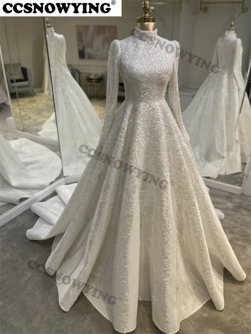 Luxury Sparkly Sequin Muslim Wedding Dress for Bride Long Sleeve High Neck Islamic Bridal Gowns Women Arabic Robe De Mariée
Luxury Sparkly Sequin Muslim Wedding Dress for Bride Long Sleeve High Neck Islamic Bridal Gowns Women Arabic Robe De Mariée