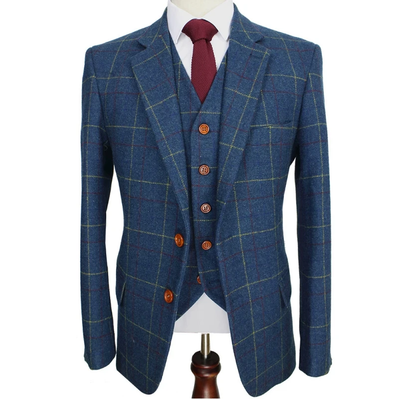 

Lansboter Blue Men Suit Ckeck Tweed Custom Made Blazers Retro Tailor Slim Fit Wedding Suits For 3 Piece Jacket Pants Vest