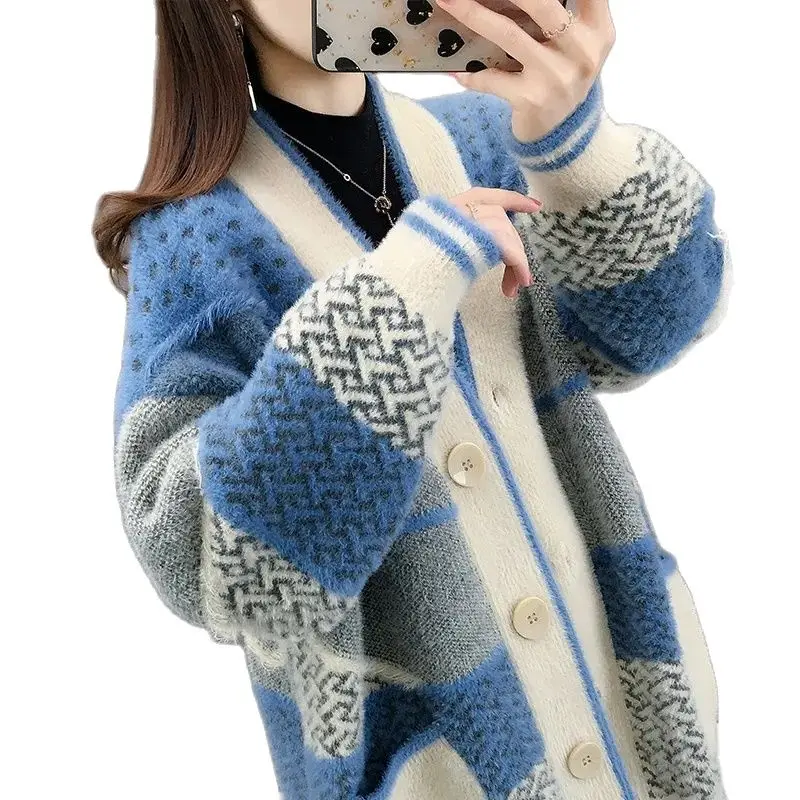 

2022 New Imitation Mink Velvet Cardigan Coat Loose Medium Long Female V Neck Knitting Sweater Autumn And Winter Wild Outcoat