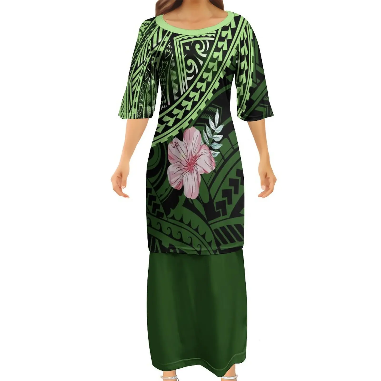 

Hawaiian Polynesian Retro Style Green Hibiscus Flower O-Collar Women'S Dress Pacific Island Art Fashion Party Puletasi Dress