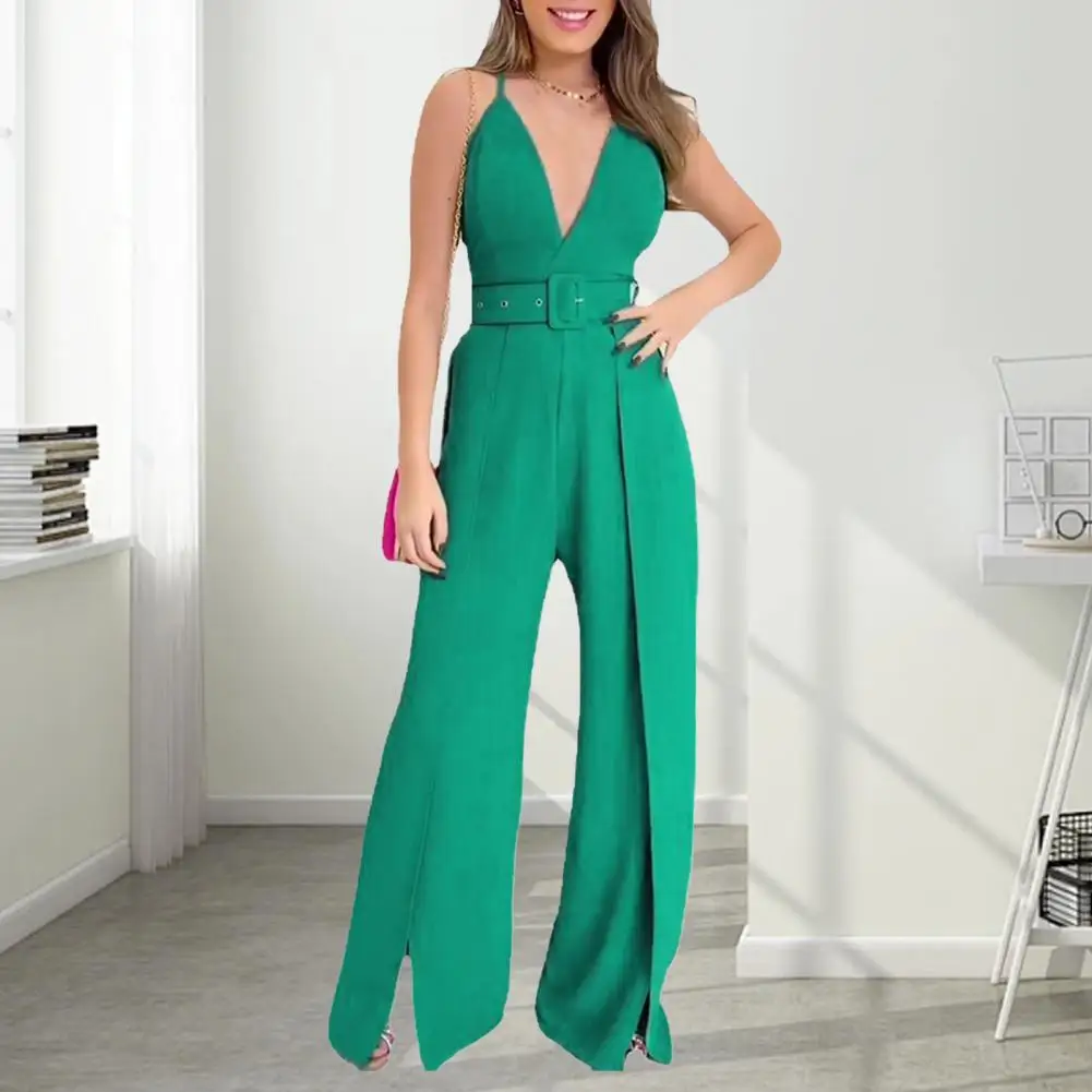 

Women Vacation Jumpsuit Elegant V-neck Sleeveless Jumpsuit with Wide Leg Belted Waist for Business Summer Events Stylish