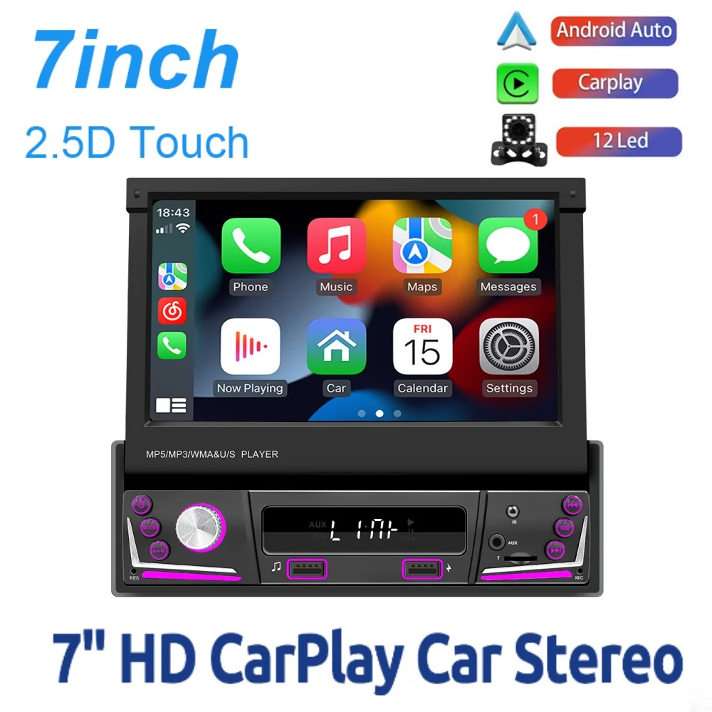 

7 Inch HD Wireless Android Auto CarPlay 1Din Video Multimedia MP5 Player Retractable Screen Mirror Link Car BT/FM/USB/AUX 9606W