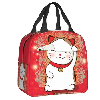 귀여운 마네키 네코 웨이빙 단열 도시락 토트백, 일본 행운의 고양이 재사용 가능 열 냉각기, 도시락 상자, 캠핑 여행