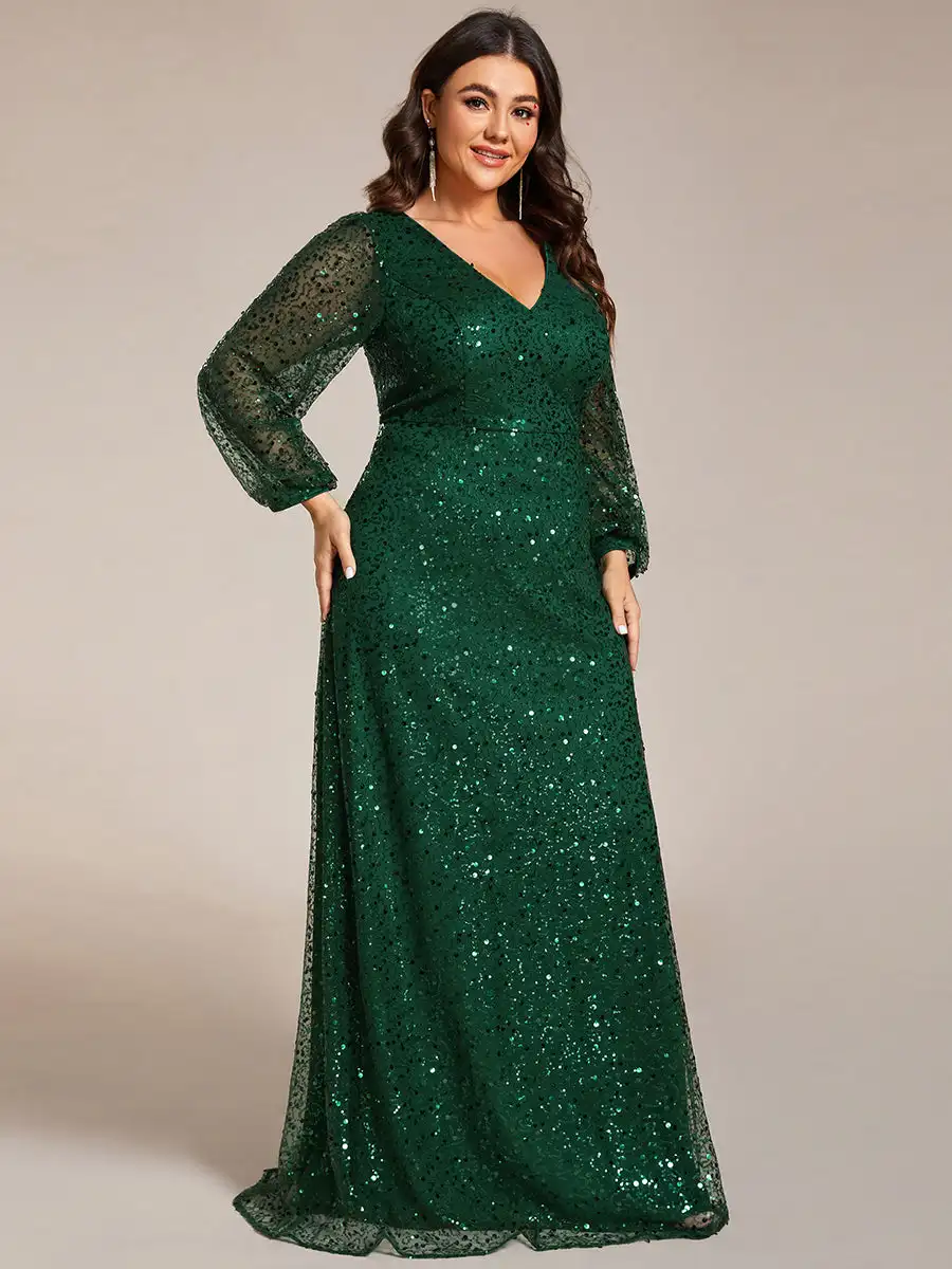 

Plus size Evening Dresses Waisted V-neck long sleeve Floor-Length 2024 Ever pretty of A-line Sequin Dark Green Guest dress