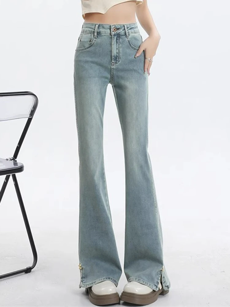 

Classic Light Blue Fashion Flare Simple Female Jeans Spring Basic High Waist Slim Casual Chicly Split Vintage Street Women Jeans