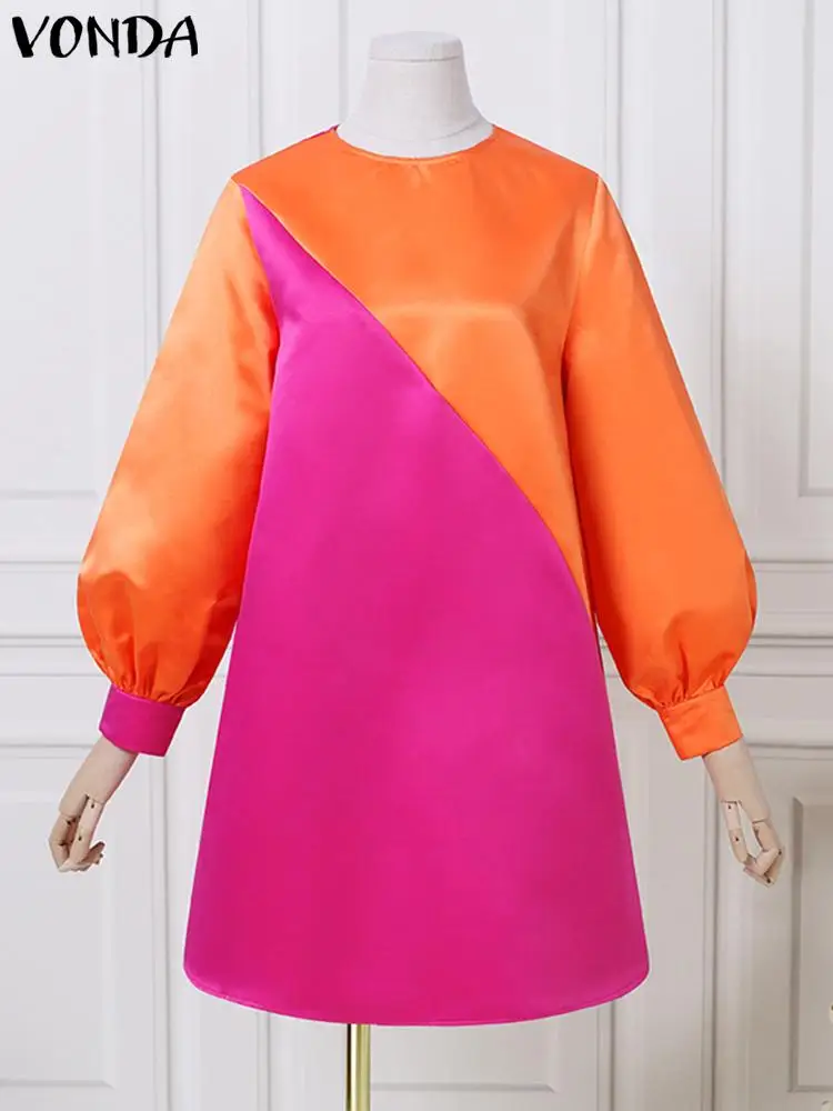 

VONDA женское летнее платье 2023 винтажное цветное лоскутное женское платье Сексуальные Длинные рукава-фонарики мини-платья Свободные повседневные платья
