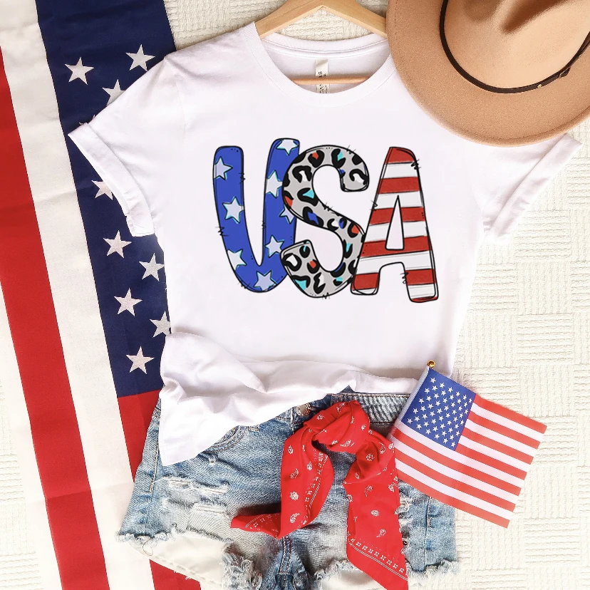 

2024 4th of July Clothes Casual Summer Tee Fashion Women Clothing Leopard Print Tshirt Female Top Short Sleeve Graphic T-shirt