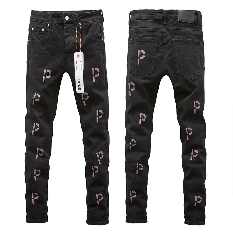 

Фиолетовые брендовые джинсы, новые европейские и американские черные потертые джинсы с вышивкой букв, мужские прямые стильные и облегающие брюки