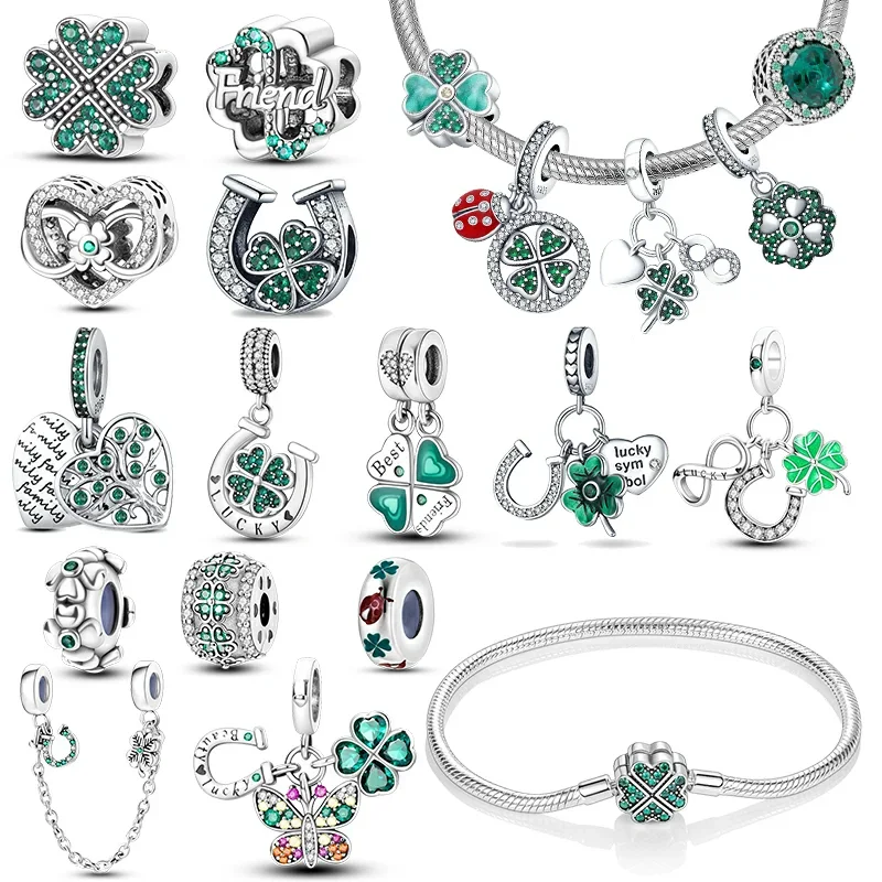 

925 Sterling Silver Green Series Four-leaved Clover Pendant Fine Beads Fit Original 925 Pandora Bracelet Charms Women Jewelry