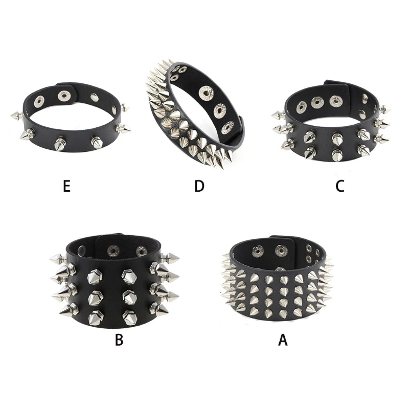 

Men Women Black Artificial Leather Punk Rock Bracelets with Cuspidal Studded Rivet Chain Adjustable Wide Wristband
