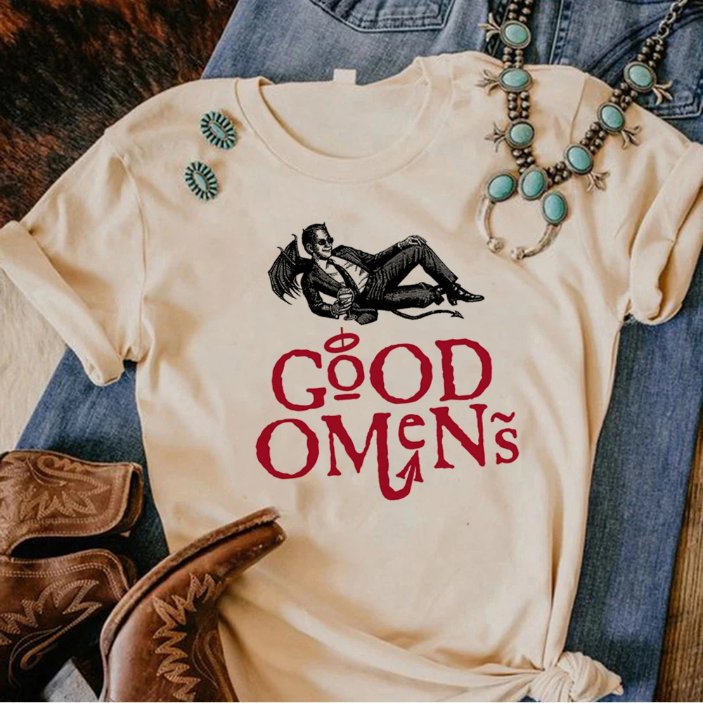 

Женская футболка с графическим принтом Good Omens, летние комиксные футболки для девушек, дизайнерская забавная одежда y2k