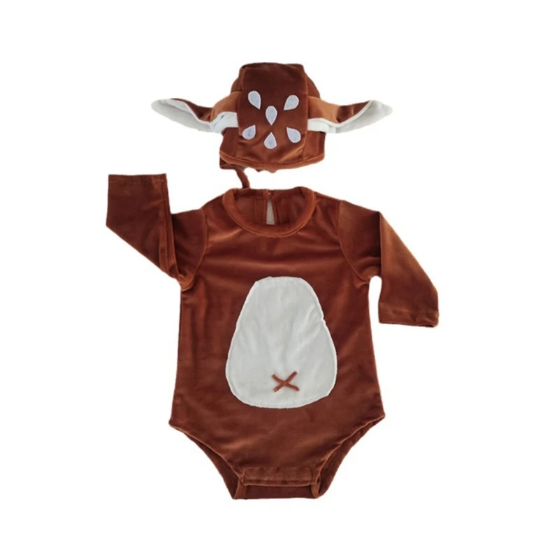 

Baby Reindeer Romper Beanie Hat Photo Cosplay Costume Infant Dress Up Suit 45BF