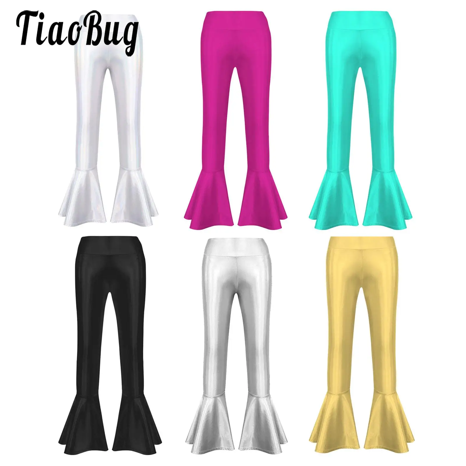 

Kids Shinny Metallic Stretchy Flare Pants Girls Athletic Footless Legging Tights Bell Bottom Pants for Performance Dance Costume