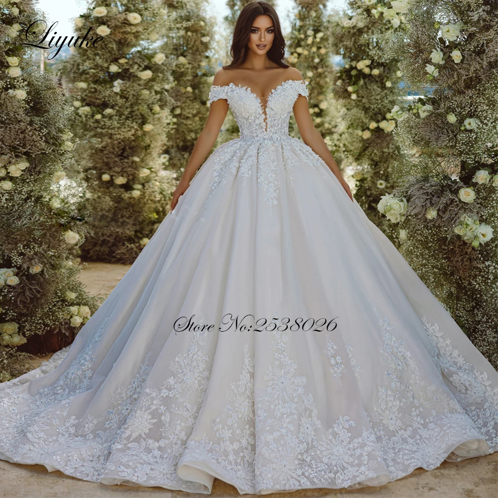 

Liyuke Elegant Sweetheart Ball Gown Wedding Dresses With Beading Pearls Embroidery Lace Off The Shoulder Vestido De Noiva