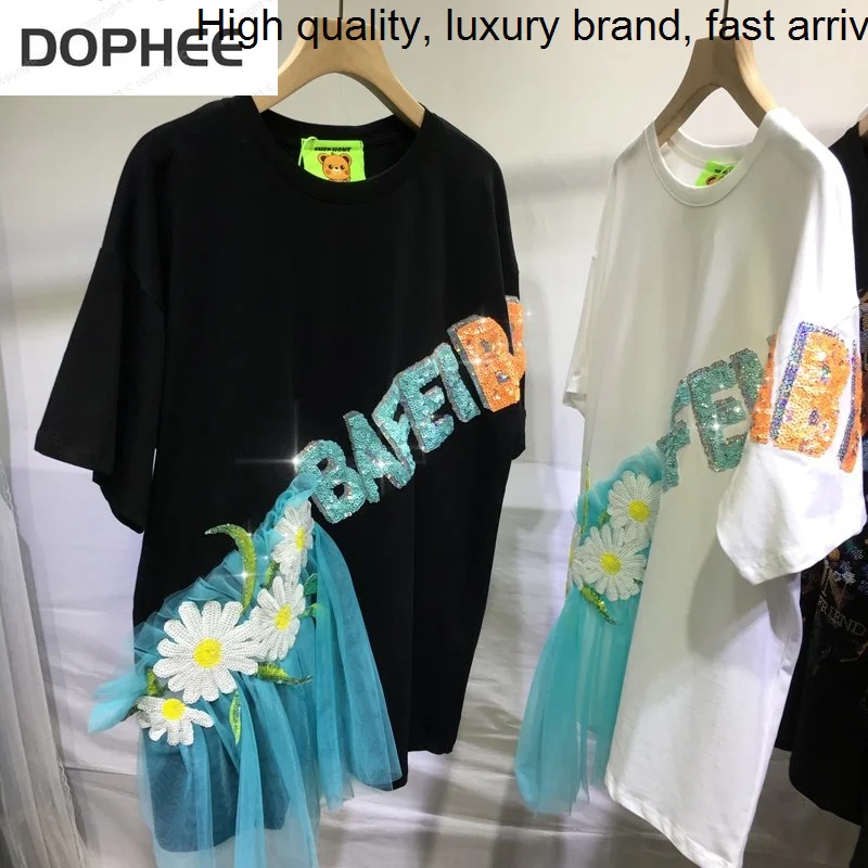 Patchwork Sequins Letters Mesh Irregular Summer Short Sleeve T-shirt Women All-match O-neck Pullover Top Loose Cotton Black Tees
Patchwork Sequins Letters Mesh Irregular Summer Short Sleeve T-shirt Women All-match O-neck Pullover Top Loose Cotton Black Tees