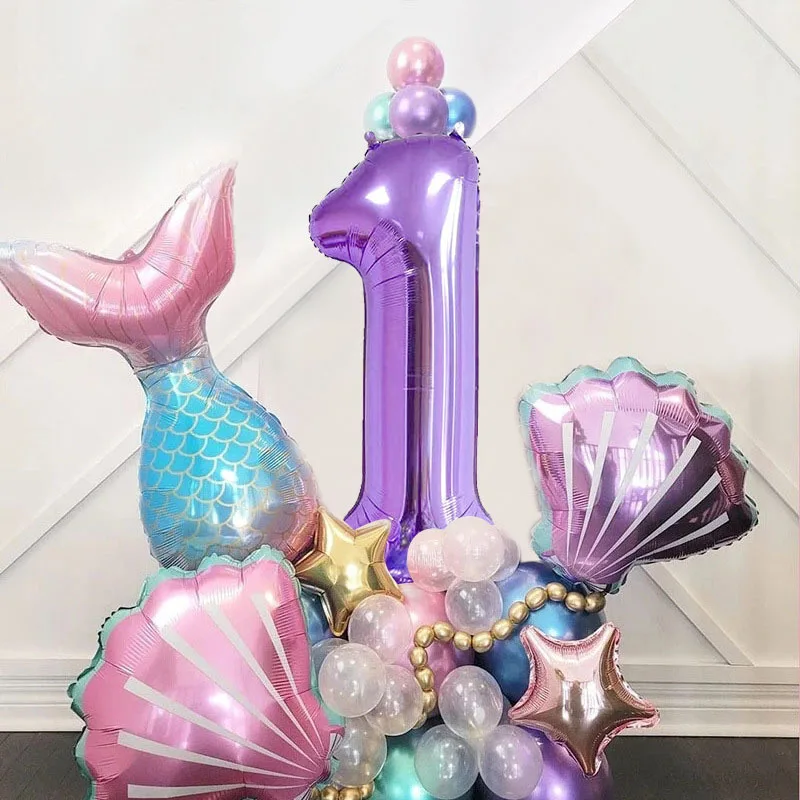 

33pcs Mermaid Foil Balloons 40inch Rose Gold Purple 0-9 Number Balloon for Little Mermaid Birthday Party Baby Shower Decoration