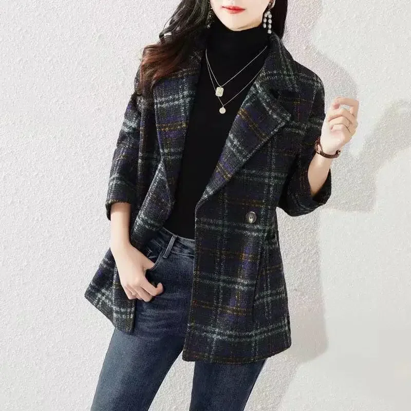 

Jacket Tweed Velvet Coats for Women Outerwears Over Wool & Blend Plaid Clothes Warm Green Dress Long Check Blazer Woman American