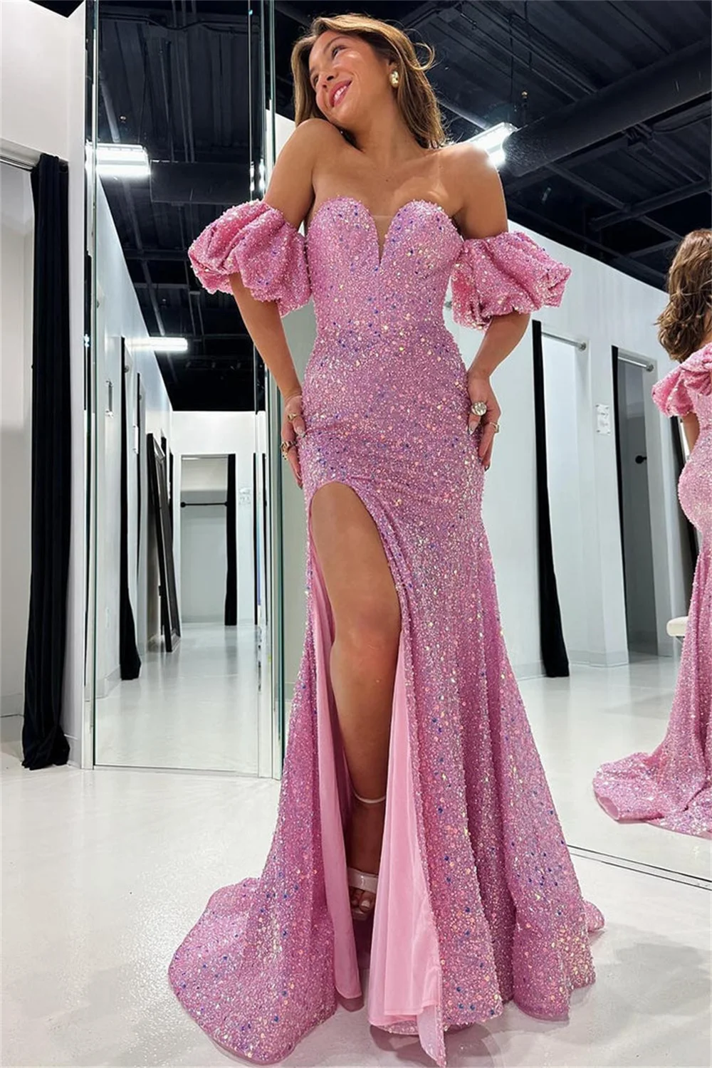 

Sweetheart Sequin Mermaid Cocktail Dresses With Split Side Sparkly Corset Prom Gowns Backless Formal Evening Removable Sleeves