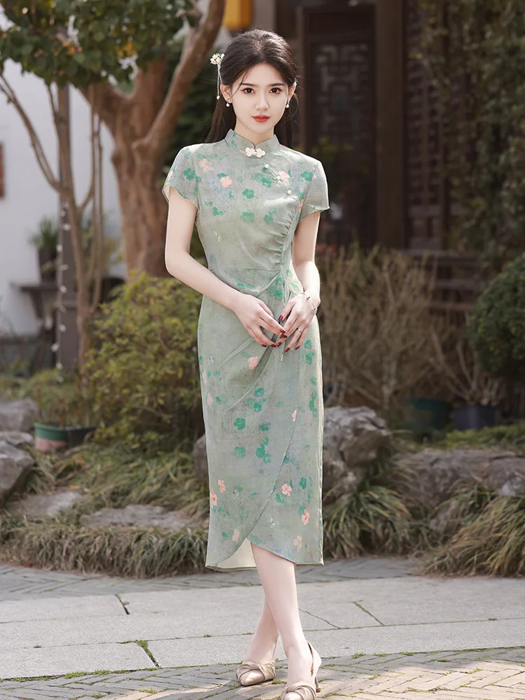 

Chinese Print Flower Satin Short Sleeve Women Cheongsam Satin Elegant Prom Party Dress Vintage Mandarin Collar Qipao