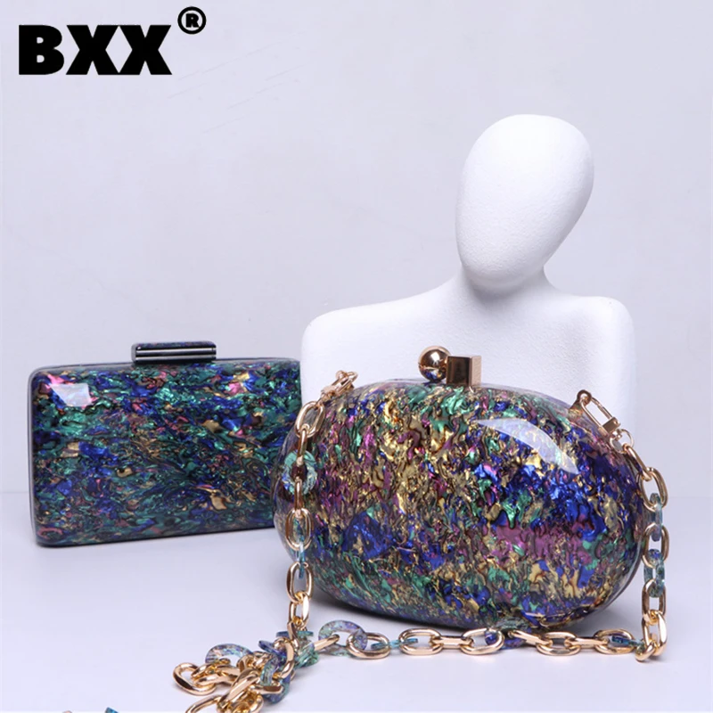 

[BXX] Fashion Women Texture Acrylic Pebble One Shoulder Bag 2023 New Niche Design Female Chain Spliced Crossbody Bags 8CY1108