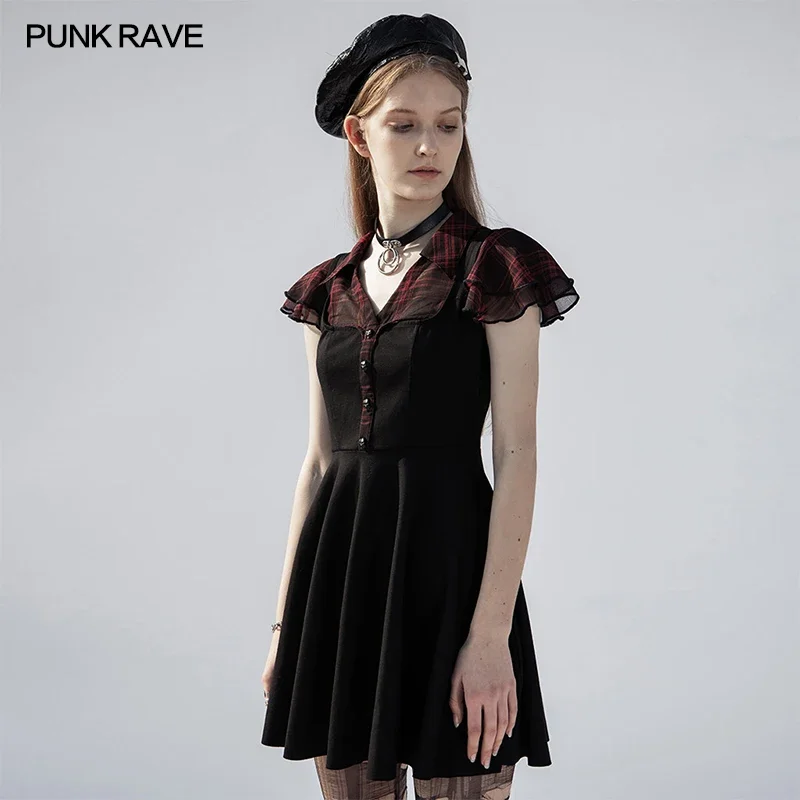 

PUNK RAVE Women's Gothic Daily A-line Short Sleeves Black Dress Ghost Rivets Ruffle V-neck Fashion Sexy Plaid Splicing Dresses