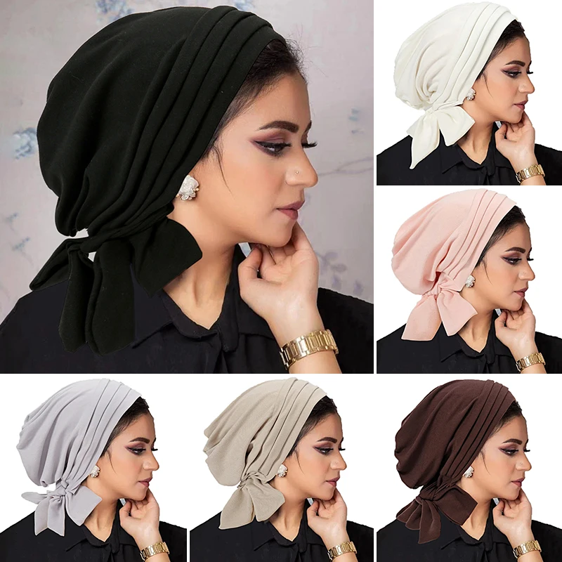 

Muslim Women Stretch Solid Wrinkle Turban Hat Cancer Chemo Beanies Caps Pre-Tied Scarf Headwear Headwrap Plated Hair Accessories