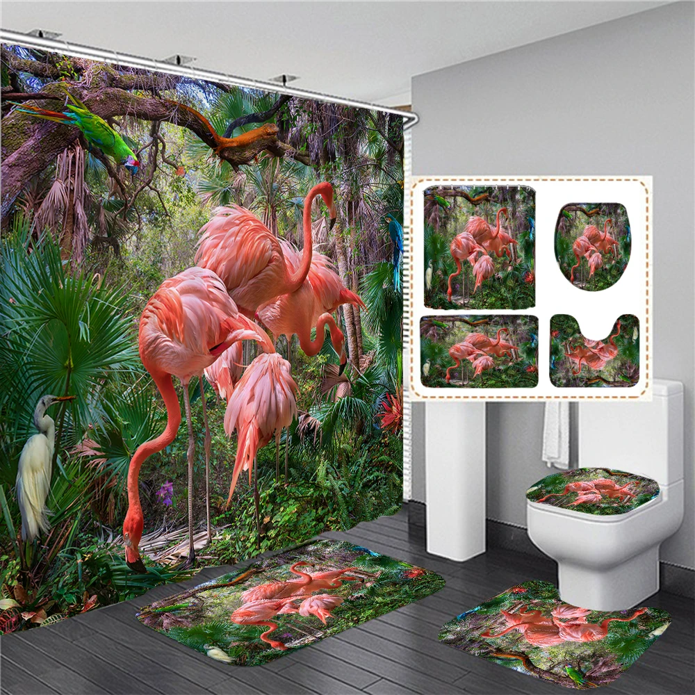 

Занавеска для душа с тропическим изображением растений в скандинавском стиле, набор ковриков для ванной, водонепроницаемые занавески для ванной с Фламинго из полиэстера, противоскользящий ковер, коврик для туалета