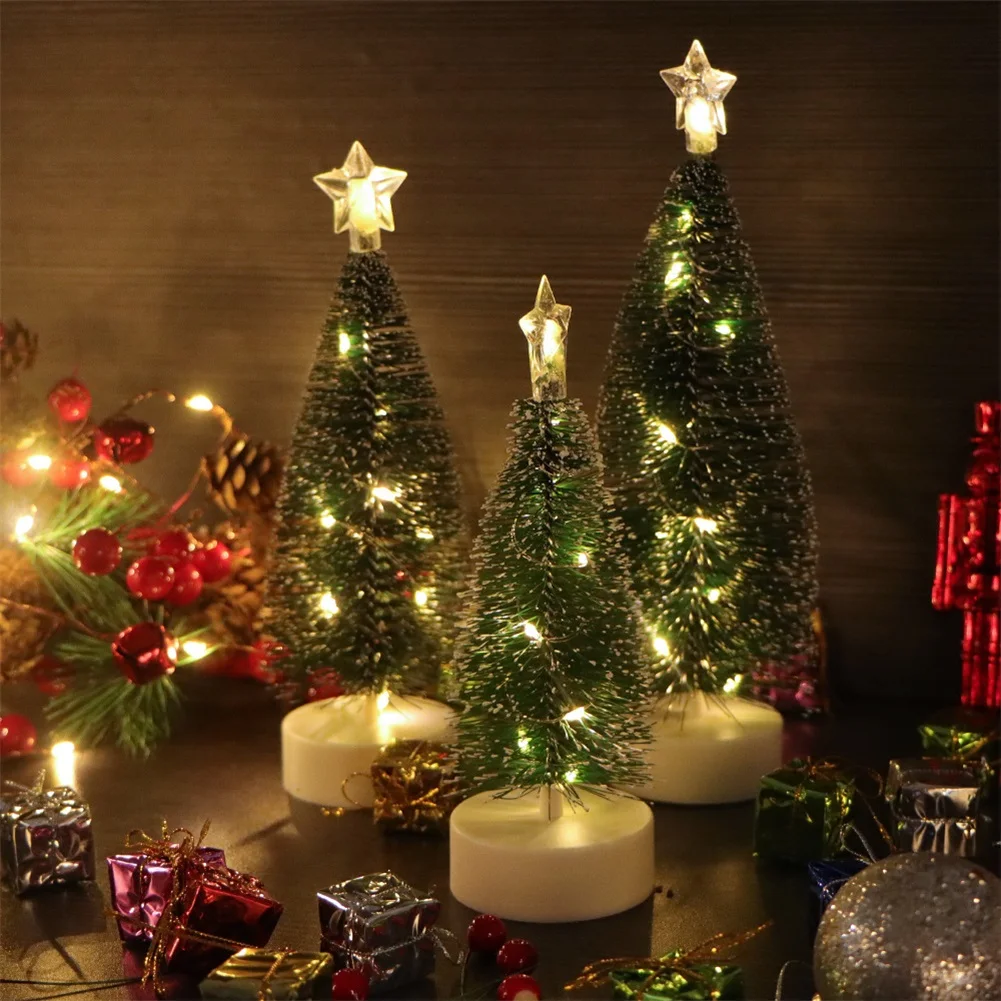 

Artificial Mini Christmas Trees with Led String Lights Tabletop Ornaments Crafting Props Sign Navidad Xmas Decor New Year Gift