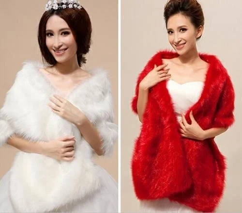 

Bridal Wedding Wrap Women Scarf Winter Faux Fur Women Party Shawl Lady Shrug Stole ivory/red