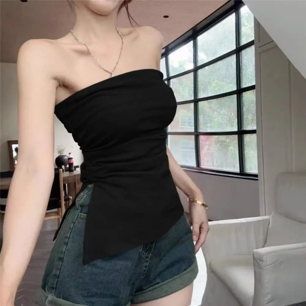 

Strapless Bandeau Tube Top Trendy Sexy Side Slit Hem Tank Tops Asymmetrical Sleeveless Vest Summer