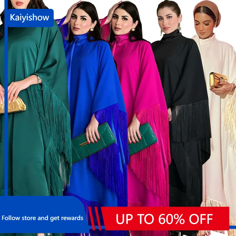 

Muslim Woman Bat Sleeve Tassel Abaya Kaftan High Fashion Dresses Modest Party Evening Dress Middle East Muslim Robe