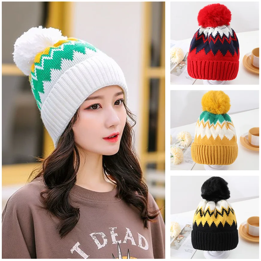 

Winter Wool Beanie Hat With Faux Fur Pompom Fashion Casual Colorful Striped Knitted Cap Outdoor Thick Warm Beanies Lady Skullcap