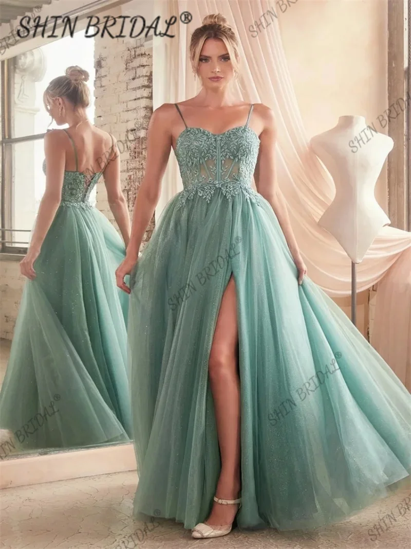 

Hot Selling Sleeveless See-Through Sweetheart Bodice Tulle Prom Dress Elegant Open Back Lace Up High Slit Sweep Train Gowns 2024