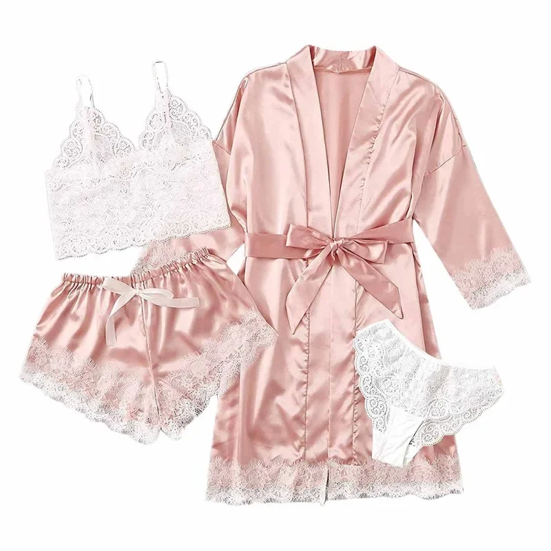 

Black Sexy Women's Pajamas Satin 4-piece Lace Silk Suspender Tops Shorts Robe Pajamas Set Nightgown Underwear Nightdress Suit