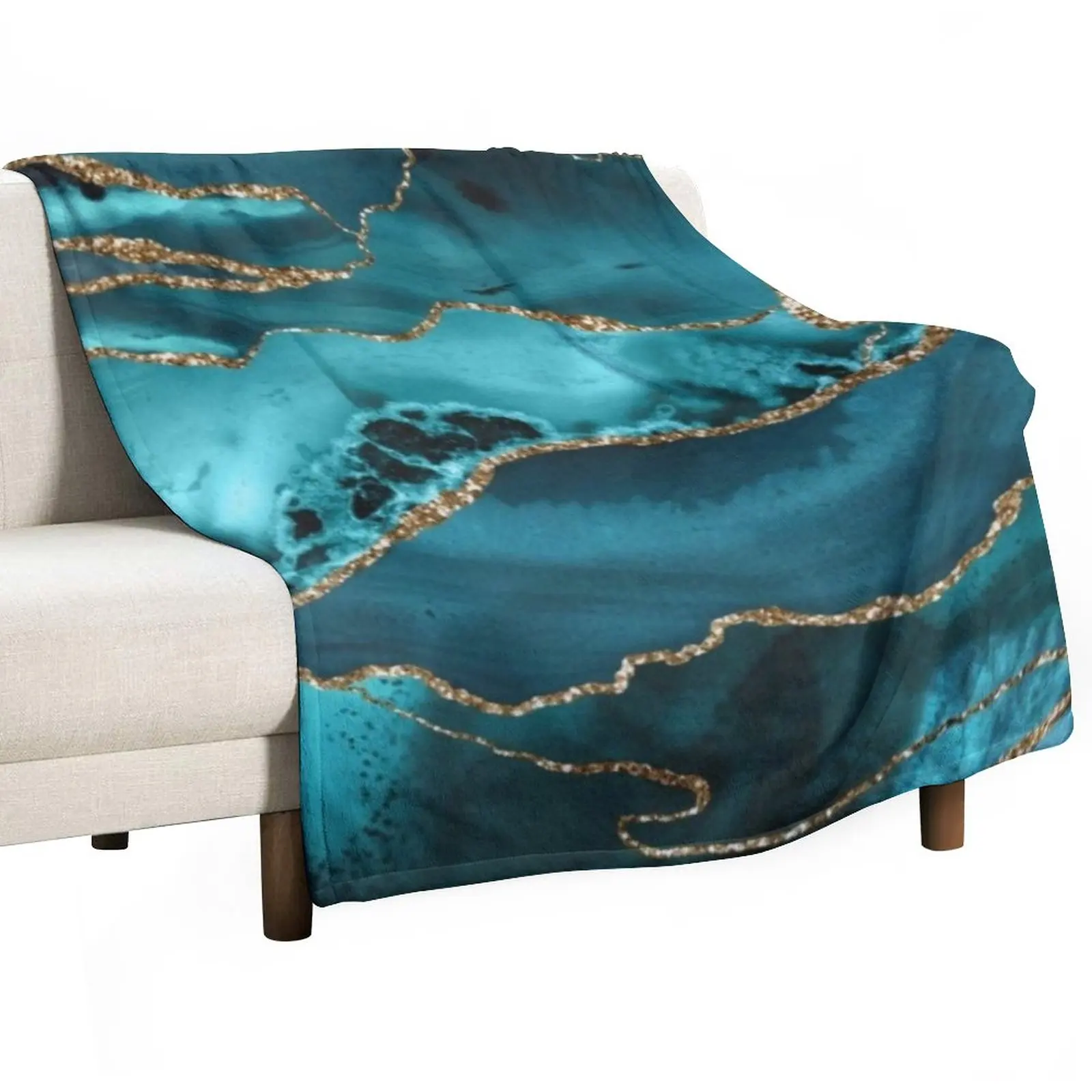

Luxurious Turquoise Blue and Gold Shimmer Agate Throw Blanket Blanket Fluffy Summer Bedding Blankets anime